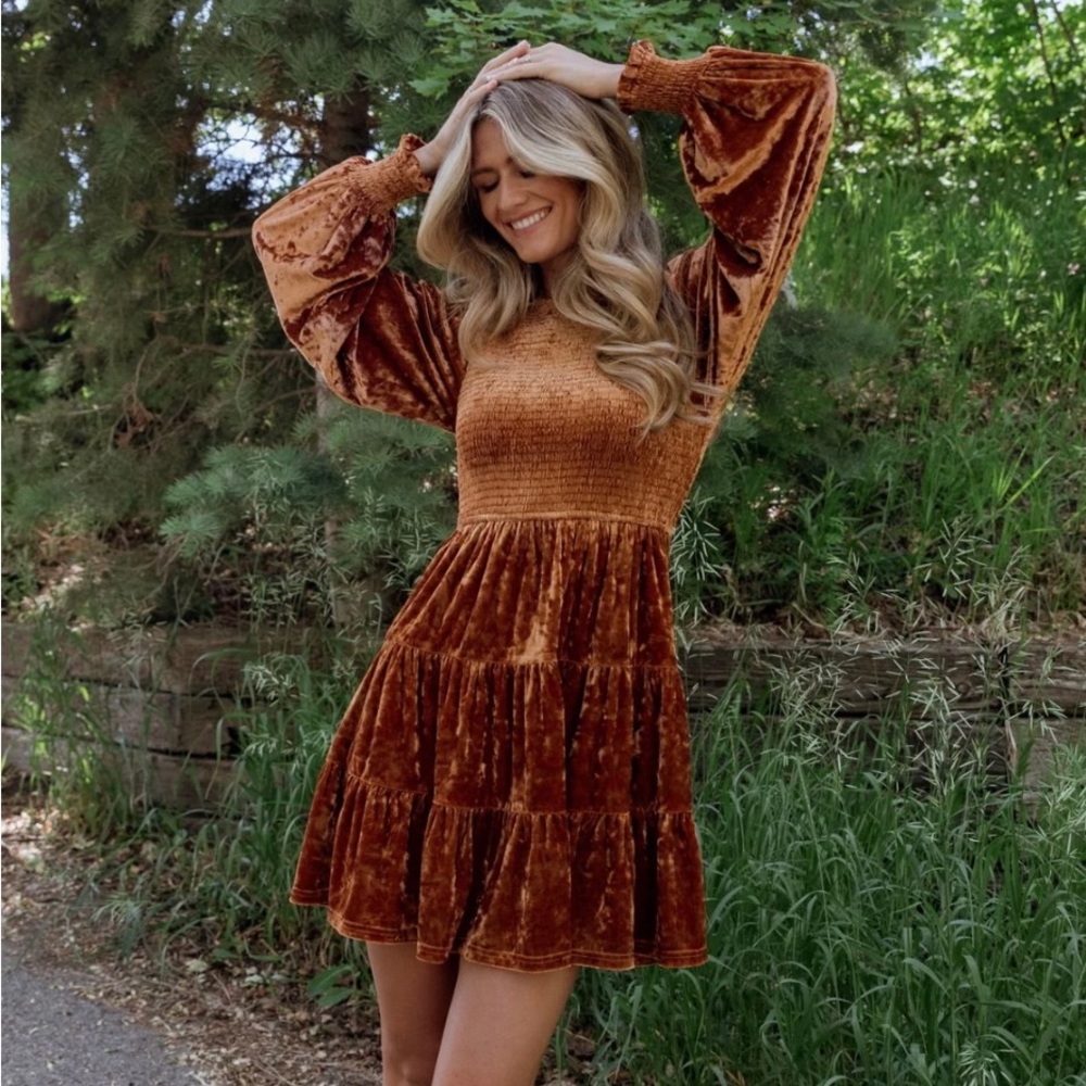Long-sleeve Copper Velvet Mini Dress